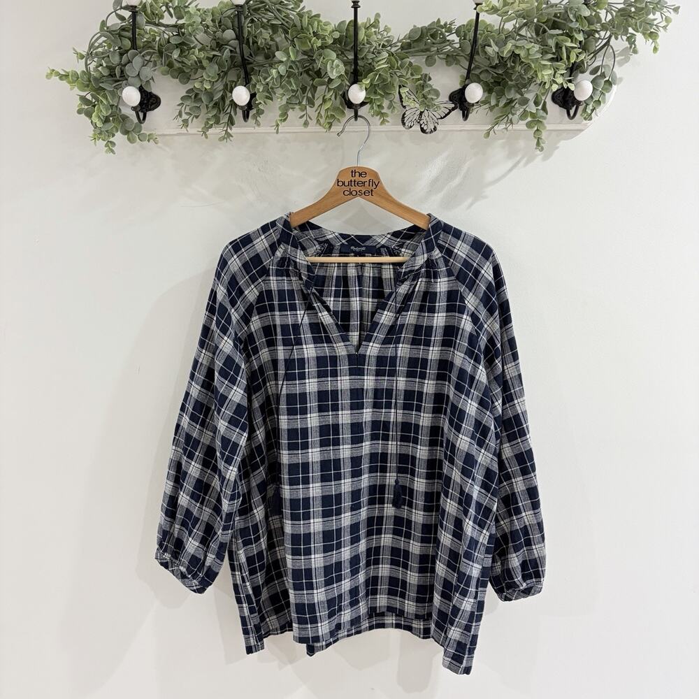 Madewell navy plaid v neck balloon sleeve peasant blouse Size L 9 6008